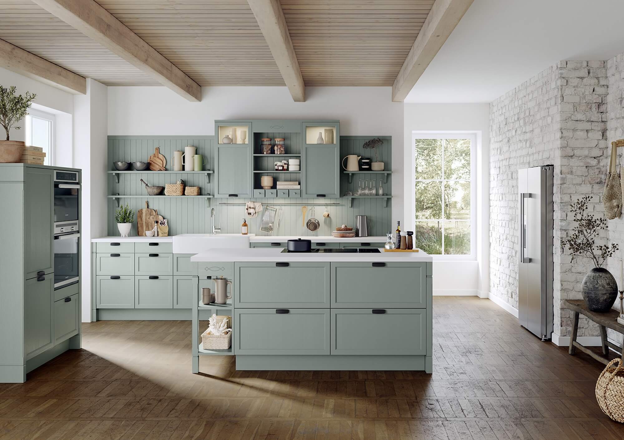 häcker_inselküche_landhaus_mit hochschrank_Eukalyptus