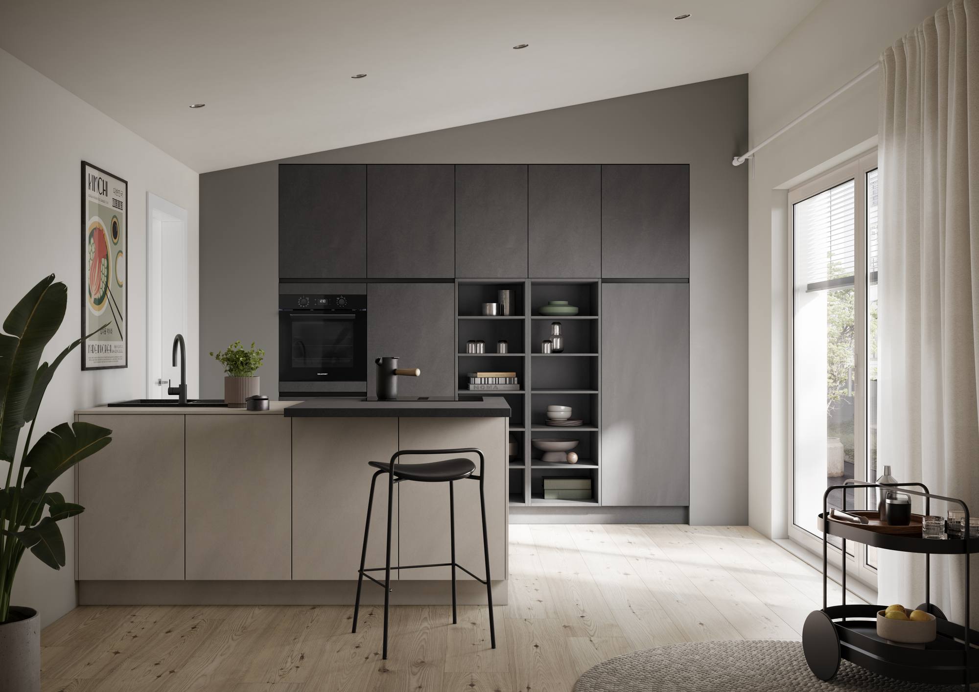 Häcker Designküche mit Tresen Zement, helle Zeile in Zementoptik mit Tresen und Hochschrankwand in Anthrazit
