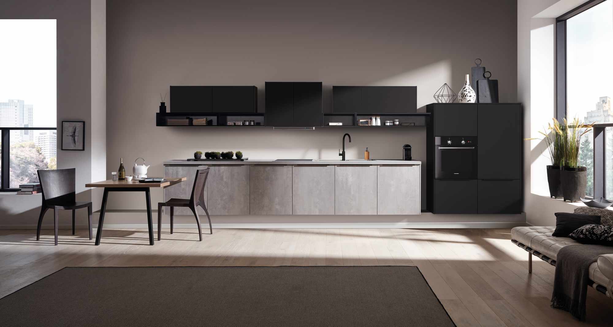 Häcker moderne Küchenzeile Schwarz Beton, Unterschränke in Betonoptik mit schwarzen Hängeschränken
